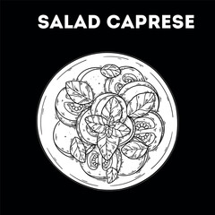 Caprese salad sketch. Vector drawing illustration. Italian food. Italian cuisine. Hand drawn. Top view. Not AI Generated.
