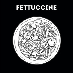Fettuccine pasta sketch. Vector drawing illustration. Italian food. Italian cuisine. Hand drawn. Top view. Not AI Generated.