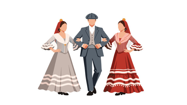 Man and two women dressed in traditional madrid chulapo attire walk together arm in arm against a plain white background.
