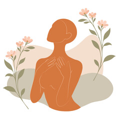 Minimal faceless woman with hands on chest and spring flowers, modern flat vector in terracotta and sage&mdash;ideal for wellness branding, self-care content, beauty/spa promos, posters, packaging.