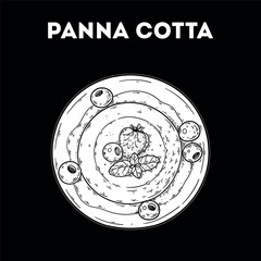 Panna cotta sketch. Vector drawing illustration. Italian food. Italian cuisine. Hand drawn. Top view. Not AI Generated.