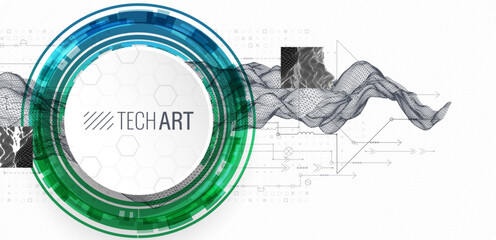 Abstract data background with wireframe wave and circuit lines. Technology concept. Vector