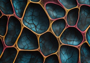 A close-up view of a vibrant, textured surface with interconnected cells in blue, yellow, and red hues, resembling biological or organic forms.