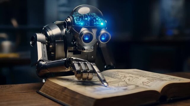 Robot reads book in library while examining images and notes on the pages, showcasing its learning process and interaction with printed materials