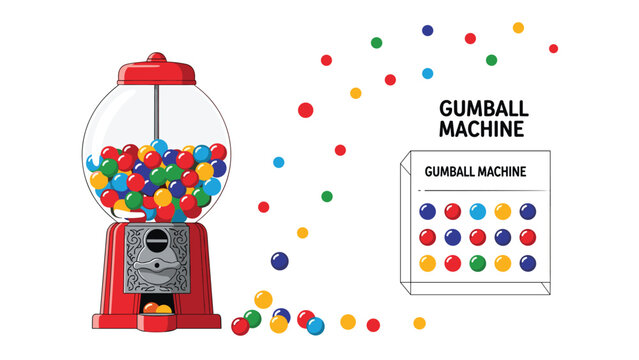 Classic red gumball machine dispenses colorful round candies with a dynamic spray of gumballs moving across the frame.