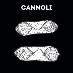 Cannoli sketch. Vector drawing illustration. Italian food. Italian cuisine. Hand drawn. Top view. Not AI Generated.