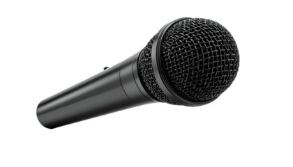 A studio-style, black dynamic microphone, angled to the right, against a black background