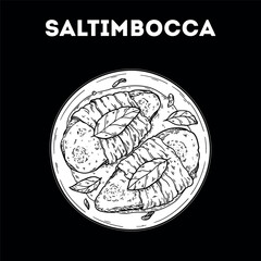 Saltimbocca sketch. Vector drawing illustration. Italian food. Italian cuisine. Hand drawn. Top view. Not AI Generated.