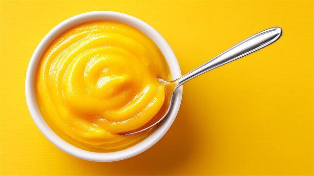 Orange pumpkin puree or mango smoothie in bowl with spoon on yellow background, minimal flat lay. Bright healthy food, baby-friendly meal or vegetarian dessert concept, copy space.