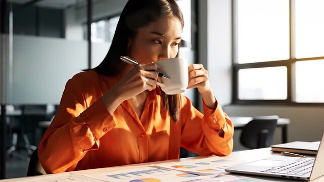 Focused professional woman in an orange shirt reviewing printed data charts while holding a coffee cup, natural window light, modern workspace, candid business moment, shallow depth of field.