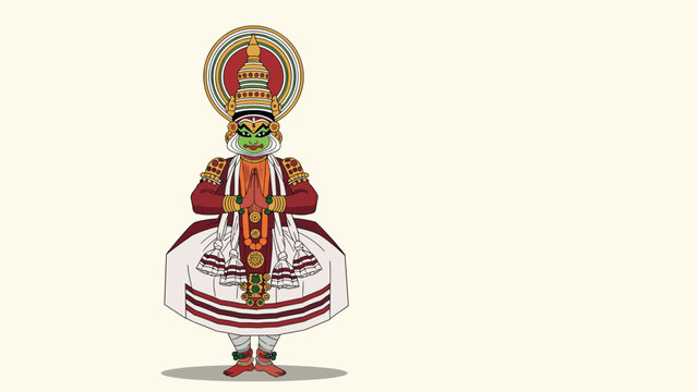 Traditional kathakali dancer from india performs with vibrant green face paint and a magnificent elaborate costume and headgear.