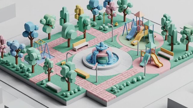 Modern urban park isometric constructor set with modular elements, clean minimal vector style, pastel colors and flat 3D isometry, ideal for city planning, UI design, and animation projects in 4K.