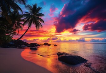 A vibrant sunset over a serene beach, with silhouetted palm trees and colorful clouds reflecting on the water's surface.