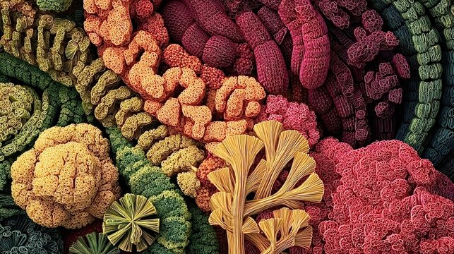 Colorful intricate microscopic structures forming abstract organic patterns, representing biological complexity and growth at a detailed cellular level - Powered by Adobe