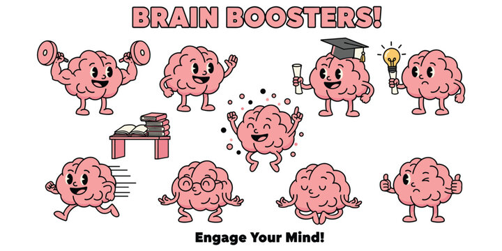 Cartoon Brain Characters Engaging in Various Activities illustration funny