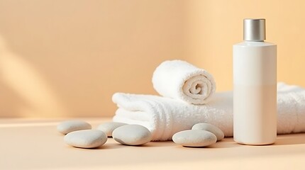Minimal Spa-Inspired Skincare Bottle with Folded Towel and Smooth Stones, Warm Beige Tones, Calm Wellness Concept, Luxury Spa Branding