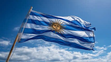Uruguay ، Uruguayan National Flag Waving in the Wind Against Clear Blue Sky, Symbol of Freedom, Democracy, National Identity and South American Heritage