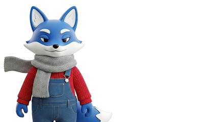 3D Blue Fox Character Wearing Overalls and Scarf