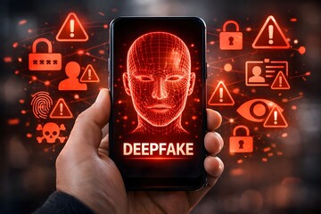 Deepfake Threat Concept with AI Generated Human Face and Cybersecurity Warning Icons