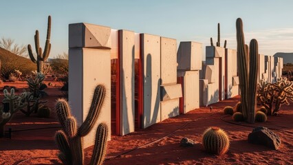 Abstract concrete wall with geometric shapes and red elements in a desert landscape at sunset, with various cacti and red soil, showing modern design and natural environment.