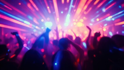 Blurred crowd dancing at night club with dynamic light effects