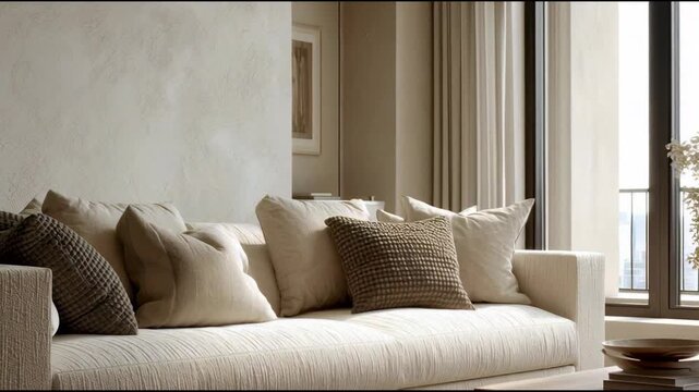 Modern European living room interior layered linen bedding textures. Soft folds and natural wrinkles create depth and tactile interest, emphasizing comfort and understated elegance.