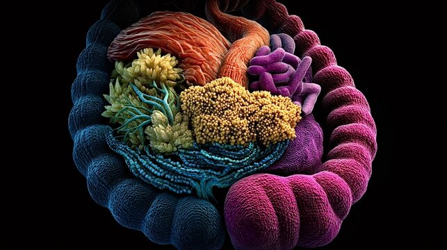 Gut microbiome depicts various types of bacteria and microorganisms flourishing within the human intestine, illustrating vital components of digestive health and a complex biological ecosystem - Powered by Adobe