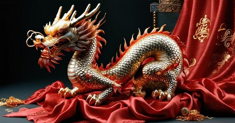 Golden dragon rests upon red silk. Detailed scales shimmer, horns curve gracefully. Wealth, power, mythology evident. Dramatic lighting enhances texture.