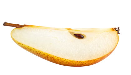 A single pear slice displays a brown speckled exterior, revealing white flesh and a dark seed