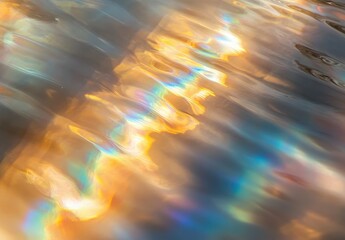 A shimmering reflection of light on water, showcasing vibrant colors and fluid patterns, creating a mesmerizing, abstract visual.