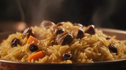 Steaming hot traditional uzbek plov (pilaf) served in a bowl featuring tender meat carrots and raisins on fluffy rice.