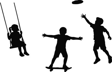 Silhouette of Children Playing with Swing, Skateboard, and Frisbee
