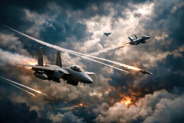 Three fighter jets are in the air, one of which is being shot down