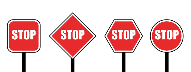 Set of Red Stop Signs in Various Shapes
