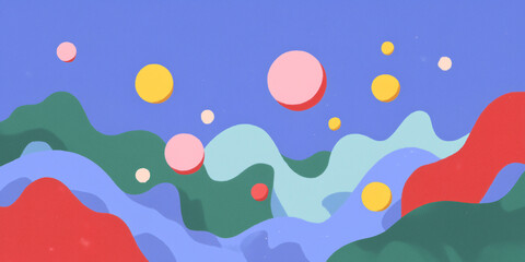 Abstract illustration featuring colorful circles and flowing shapes against a blue backdrop