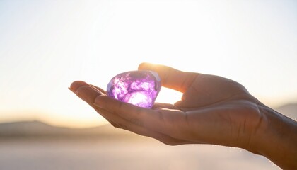 Hand holding glowing purple gemstone against warm golden sunset light with soft focus background
