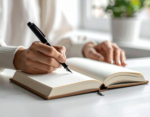 Close Up Of Woman's Hands Writing In An Open Notebook With A Fountain Pen Natural Light Illuminates The Scene