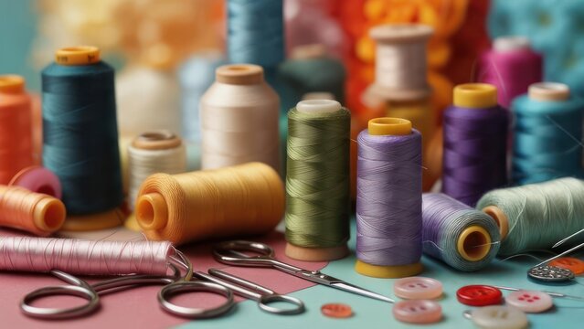 Colorful spools of thread and scissors for sewing and crafting projects