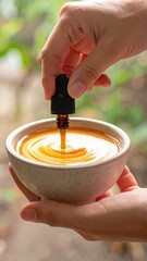 Hands Pouring Golden Liquid From Dropper Into Ceramic Bowl With Swirling Pattern Outdoors Soft Focus Greenery Background Natural Lighting