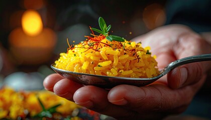 Close Up of a Hand Holding a Spoonful of Golden Saffron Rice Garnished with Herbs and Spices with a Soft Candlelit Background
