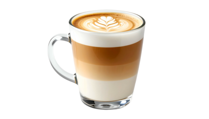A clear glass mug filled with a layered beverage, topped with latte art