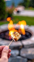 Hand Holding Marshmallow Roasted Over Outdoor Fire Pit At Dusk Warm Glow And Blurry Green Grass Background