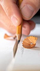 Close Up Of A Hand Sharpening A Pencil On A White Paper With Wood Shavings And Graphite Dust Illuminated By Natural Light