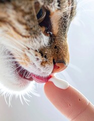 Close Up Of A Tabby Cat Licking Cream From A Human Finger With Soft Natural Lighting And A Shallow Depth Of Field