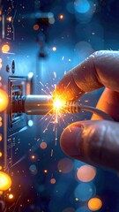 Close Up Of A Hand Plugging An Ethernet Cable Into A Server With Electrical Sparks And Bokeh Lights Creating A Dramatic Blue And Orange Glow