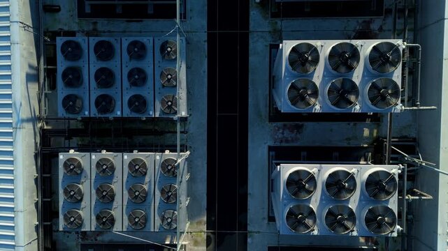 Aerial view of the Six Degrees data centre, showcasing the geometry of the cooling system on the rooftop, Redditch, United Kingdom.