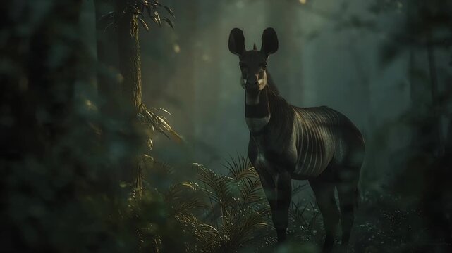 Okapi mammal standing in dark mysterious deep tropical rainforest