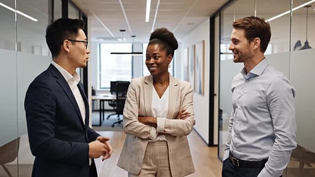 Multicultural business professionals having a relaxed conversation in a modern office hallway, candid teamwork interaction, natural body language, corporate lifestyle, copy space.