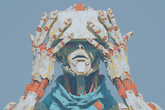A robotic figure shields its eyes, exuding a sense of introspection and mystery