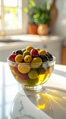 Vibrant Bowl of Assorted Olives in Brine Illuminated by Soft Sunlight on a Kitchen Counter